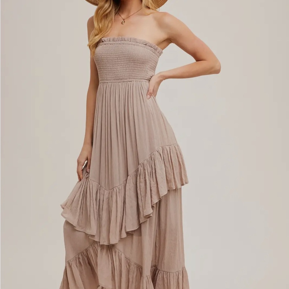 Boho Festival Maxi Dress | Ruffle Strapless Neutral Look ☀️